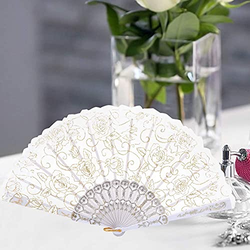minifinker Handfächer, die hochwertige Spitzen-Rose-Blumen-Fan-Tanzaufführungen Falten(White) von minifinker