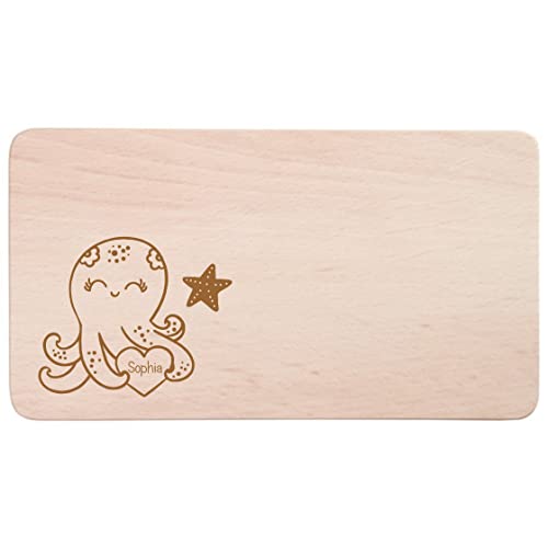 minimutz Frühstücksbrettchen für Kinder mit Namensgravur | Personalisiertes Brotzeitbrett Holz-Brett Krake Oktopus & Name | Persönliche Geschenk-Idee für Mädchen von minimutz