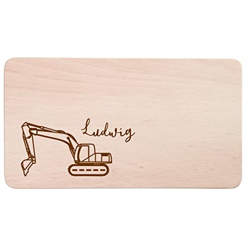 minimutz Frühstücksbrettchen für Kinder mit Namensgravur | Personalisiertes Brotzeitbrett Holz-Brett mit Bagger & Name | Persönliche Geschenk-Idee für Jungen von minimutz