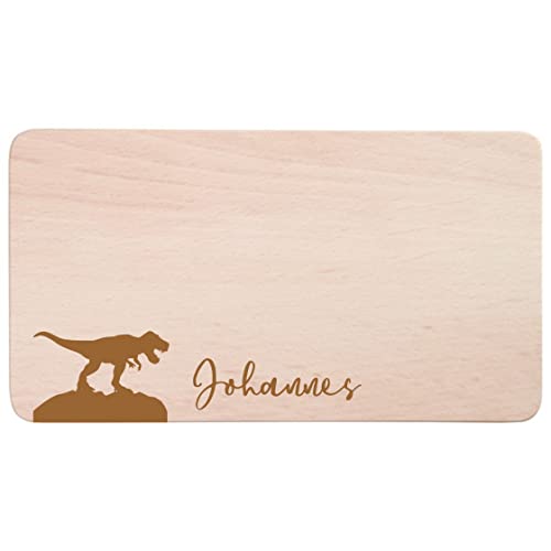 minimutz Frühstücksbrettchen für Kinder mit Namensgravur T-Rex | Personalisiertes Brotzeitbrett Holz-Brett mit Dinosaurier & Name | Persönliche Geschenk-Idee für Jungen von minimutz