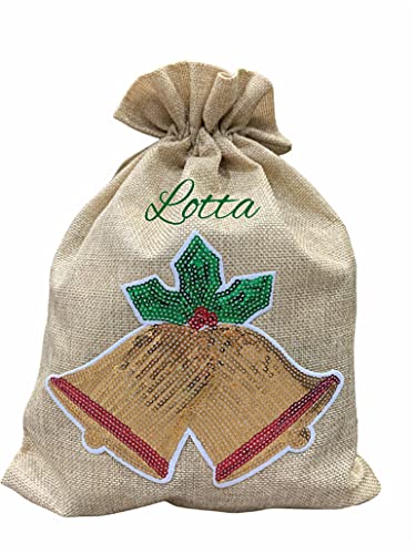 Jutesäckchen mit Namen | Motiv mit leuchtenden Pailleten | Nikolaussäckchen als Geschenkbeutel für Weihnachten, Adventskalender inkl. Namensdruck (Glocke, M (30 x 40 cm)) von minimutz