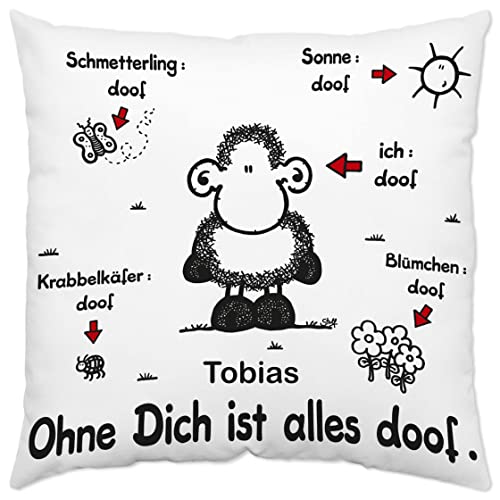 Kissen mit Spruch 'Ohne Dich ist Alles doof' mit Name Bedruckt | Dekokissen 40x40 cm Schaf für Kinder Mädchen und Jungen (weiß) von minimutz