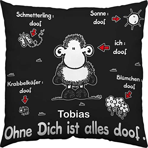 Kissen mit Spruch 'Ohne Dich ist Alles doof' mit Name Bedruckt | Dekokissen 40x40 cm Schaf für Kinder Mädchen und Jungen von minimutz