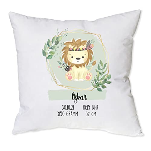 minimutz Kissen zur Geburt mit Namen personalisiert | Motiv Löwe Boho mit Geburtsdaten 40 x 40 cm | Geschenk Geburt Taufe für Kinder | Kissen Babyzimmer grün inkl. Füllung von minimutz