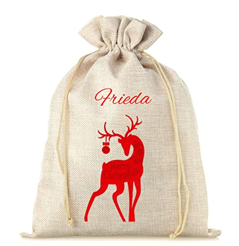 Nikolaussäckchen mit Namensdruck | Motiv aus Filz in rot & grün | Jutesäckchen als Geschenkbeutel für Weihnachten, Adventskalender inkl. Namen (S (25 x 36 cm), Motiv Hirsch) von minimutz