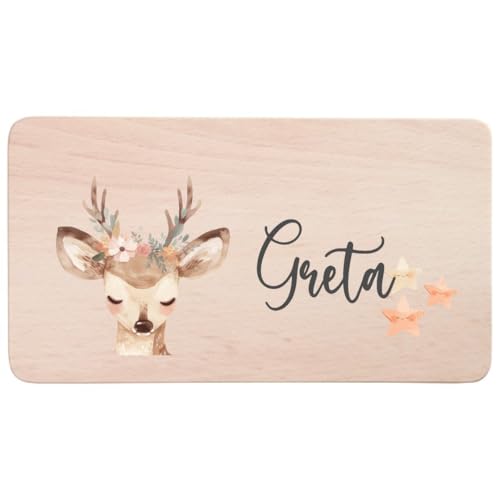 minimutz Brotzeitbrett Kinder mit buntem Aufdruck, Personalisiert mit Name, Frühstücksbrettchen Holz Bunte Tiere, Holzbrett Buche 22 x 12 x 1 cm Reh von minimutz