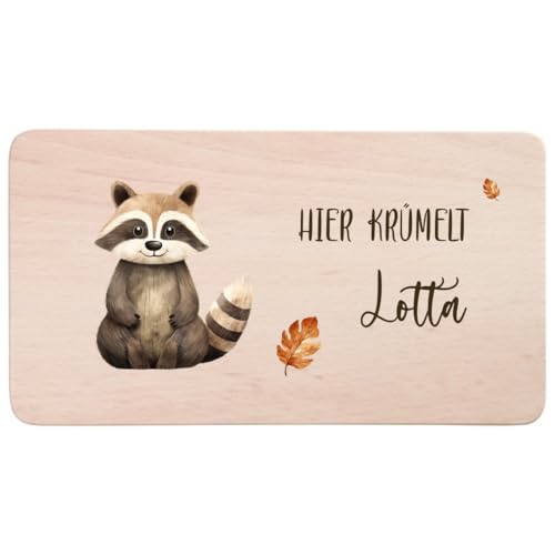 minimutz Brotzeitbrett Kinder mit buntem Aufdruck, Personalisiert mit Name, Frühstücksbrettchen Holz Bunte Tiere, Holzbrett Buche 22 x 12 x 1 cm Waldtier Waschbär von minimutz