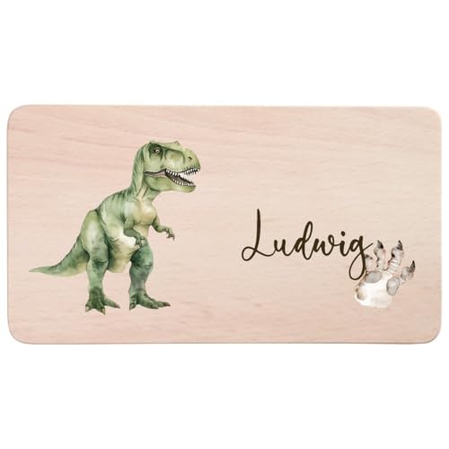 minimutz Brotzeitbrett Kinder mit buntem Aufdruck, Personalisiert mit Name, Frühstücksbrettchen Holz Dinosaurier, Holzbrett Buche 22 x 12 x 1 cm Dino Trex von minimutz