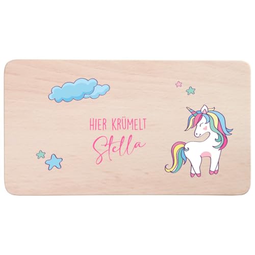 minimutz Brotzeitbrett Kinder mit buntem Aufdruck, Personalisiert mit Name, Frühstücksbrettchen Holz Mädchen, Holzbrett Buche 22 x 12 x 1 cm Einhorn von minimutz