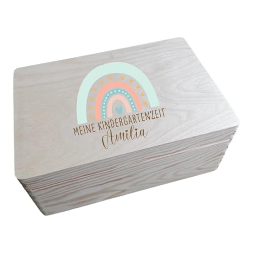 minimutz Erinnerungskiste Kindergarten - Personalisiert mit Name - Erinnerungsbox mit Regenbogen und Gravur - Holzbox mit Deckel S (20 x 20 x 14 cm) von minimutz