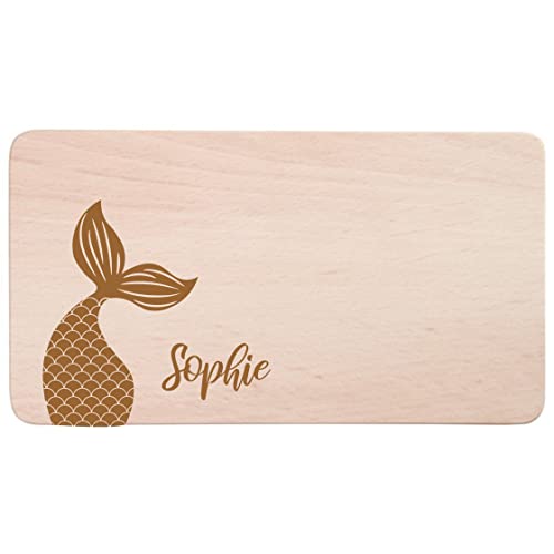 minimutz Frühstücksbrettchen für Kinder mit Namensgravur | Personalisiertes Brotzeitbrett Holz-Brett mit Meerjungfrau Flosse & Name | Persönliche Geschenk-Idee für Mädchen von minimutz
