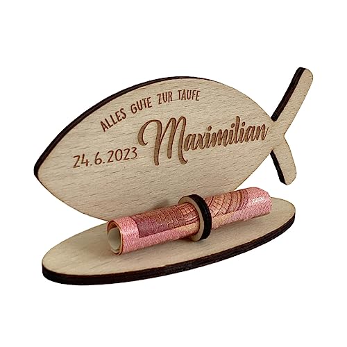 minimutz Geldgeschenk personalisiert zur Taufe | Gravierter Fisch aus Holz zum Geld verschenken und verpacken mit Namen | Taufgeschenk für Kinder Mädchen Jungen von minimutz