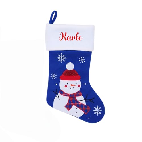 minimutz Nikolausstrumpf mit Namen Kinder - personalisierter Weihnachtsstrumpf zum Aufhängen & Befüllen - Nikolausstiefel grün rot 45cm (Schneemann (blau)) von minimutz