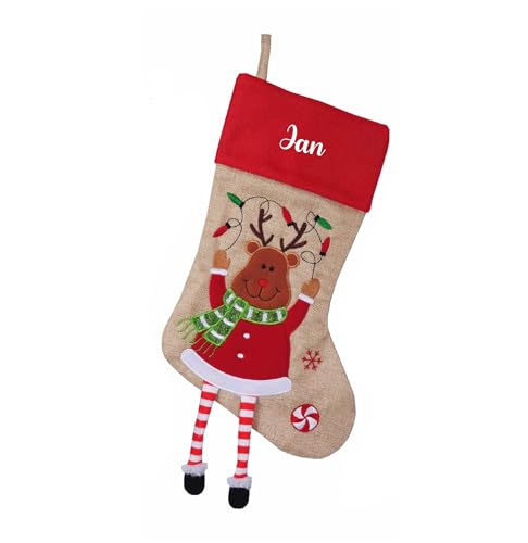 minimutz Nikolausstrumpf mit Namen Kinder - personalisierter Weihnachtsstrumpf zum Aufhängen & Befüllen - Nikolausstiefel mit hängenden Füßen 45cm (Jute Rentier) von minimutz