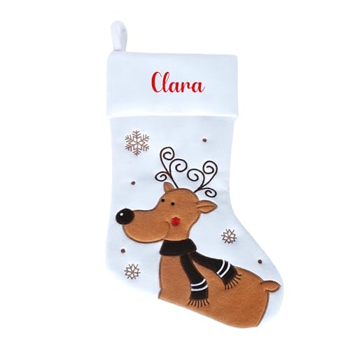 minimutz Nikolausstrumpf mit Namen Kinder - personalisierter Weihnachtsstrumpf zum Aufhängen & Befüllen - Nikolausstiefel weiß 45cm Rentier von minimutz