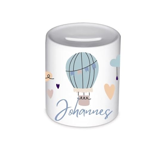 minimutz Spardose Geschenk Geburt Taufe – Personalisierte Sparbox Heißluftballon blau Jungen Mädchen – Runde Keramik Sparbüchse 8x9.5 cm von minimutz