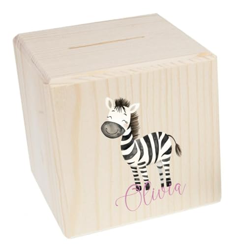 minimutz Spardose Holz Kinder, Personalisierte Sparbox Tier Mädchen Jungen, Holz Sparbüchse 10x10 cm, Bunter Aufdruck Zebra von minimutz
