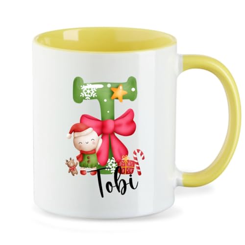 minimutz Weihnachtstasse Kinder mit Name personalisiert | Tasse Trinkbecher Kaffeetasse Keramik Mädchen Jungen | Teetasse Weinachtsalphabet ABC (gelb) von minimutz