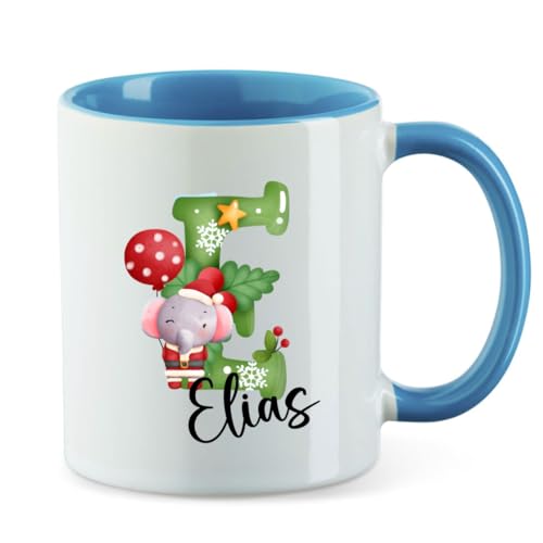 minimutz Weihnachtstasse Kinder mit Name personalisiert | Tasse Trinkbecher Kaffeetasse Keramik Mädchen Jungen | Teetasse Weinachtsalphabet ABC (hellblau) von minimutz