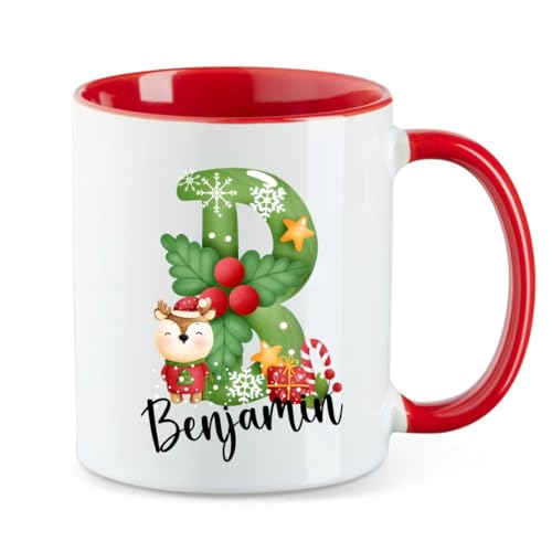 minimutz Weihnachtstasse Kinder mit Name personalisiert | Tasse Trinkbecher Kaffeetasse Keramik Mädchen Jungen | Teetasse Weinachtsalphabet ABC (rot) von minimutz