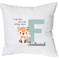 Kissen Mit Datum Und Gewicht | Motiv Fuchs Buchstabe Name 2-Farbiges Geburtskissen Für Baby Baumwolle 40 X cm von minimutzShop