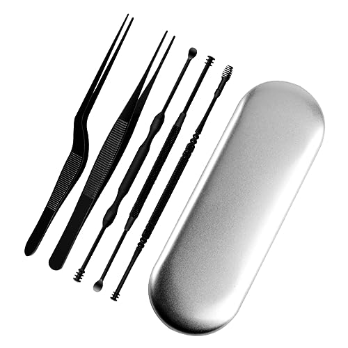 minkissy 6-in-1-ohrreinigungsset Ohrenschmalz-entferner Aus Edelstahl Doppelseitige Picks Pinzette Sichere und Bequeme Verwendung Schwarz von minkissy