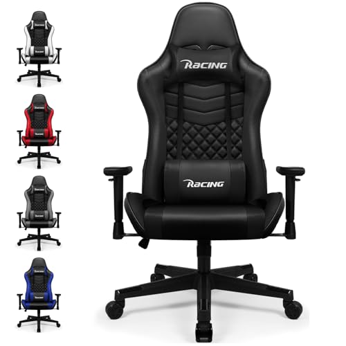 minnouat Gaming Stuhl, Bürostuhl mit verstellbaren Lendenkissen, Armlehne und Kopfstütze, Gaming Chair Wippfunktion bis zu 170°, Gaming Sessel Bequeme Sitzkissen, Gaming Stuhl 150 kg belastbarkeit von minnouat