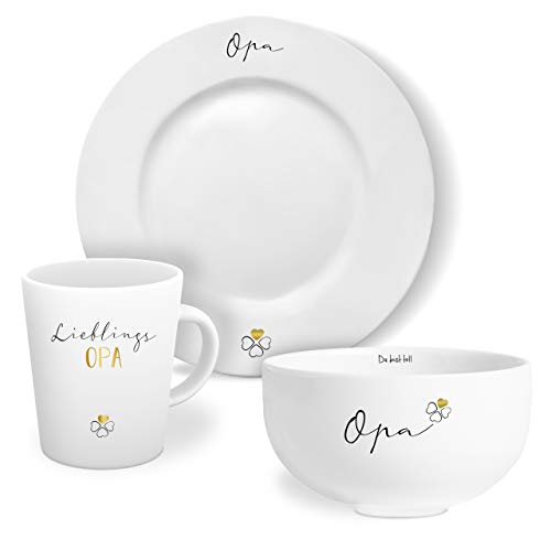 MINTKIND® Geschirr Set "Lieblingsopa": Kaffeetasse mit Teller und Schale - in weiß mit Echtgold-Dekor - Tolle Geschenke für Opa von Tochter, Sohn und Enkel von mintkind