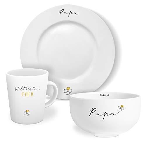 MINTKIND® Geschirr Set "Weltbester Papa" : Kaffeetasse mit Teller und Schale - in weiß mit Echtgold-Dekor - Tolle Geschenke für Papa von Tochter und Sohn von mintkind