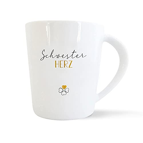 mintkind® Kaffeebecher Schwesterherz | Porzellan Kaffee Becher Tasse Weiß | Geschenk für Geschwister | Für die Schwester Geburtstag, Ostern, Weihnachten & als Dankeschön | Geschenkidee von mintkind