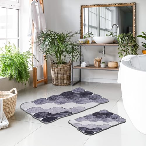 miqna oval Badematte Set 2 teilig, rutschfeste Badteppich Set, waschbar Badezimmerteppich 2 teilig, Grau Badvorleger (Circle Grau, 60 x 100 cm - 50 x 60 cm) von miqna