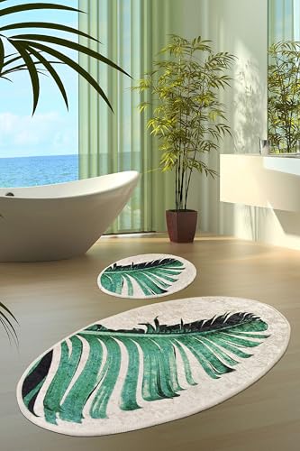 miqna Monstera Blatt Badematte Set 2 teilig, rutschfeste Badteppich, waschbar Badezimmerteppich, Beige, Moderner Bath Teppch (Floret, 60 x 100 cm - 50 x 60 cm) von miqna