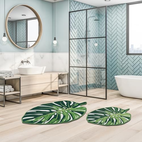 miqna Monstera Blatt Badematte Set 2 teilig rutschfeste Badteppich Set waschbar Badezimmerteppich Set Grün (Lapel, 60 x 100 cm - 50 x 60 cm) von miqna