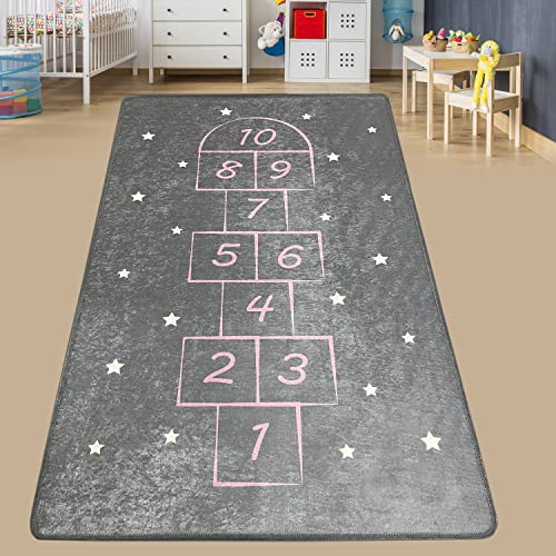 miqna Hopscotch Kinderzimmerteppich, waschbare Kindermatte, Kinderspielmatte,Spielteppich Jungen & Mädchen für Schlafzimmer & Spielzimmer (Grau, 100 x 200 cm) von miqna