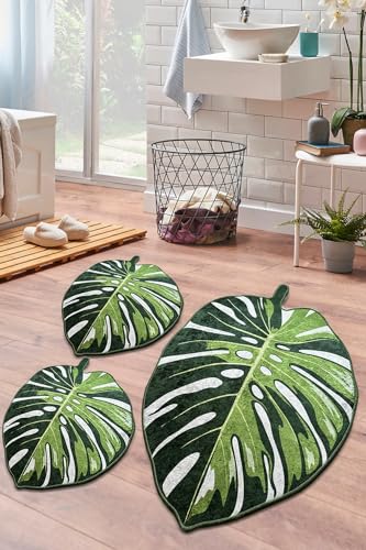 miqna Monstera Muster Grün Badezimmermatte – 3 Teileg Set, rutschfest Waschbar badematte, Roboterstaubsauger-freundlich, Badematte Grün, Badvorleger (Lapel, 60 x 100 cm - 50 x 60-50 x 60 cm) von miqna