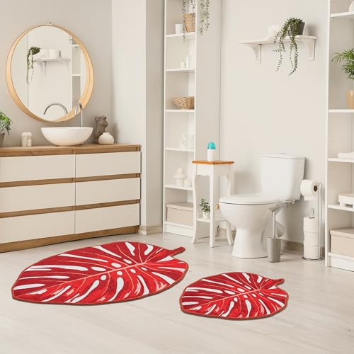 miqna Monstera Blatt Badematte Set 2 teilig rutschfeste Badteppich Set waschbar Badezimmerteppich Set Orange (Lapel Orange, 60 x 100 cm - 50 x 60 cm) von miqna