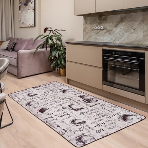 miqna Teppich Moderner Küchenteppich Gel Läufer Küchenläufer Grau Weiß Schwarz mit rutschfestem Bodenmuster mit Schriftzug Coffee Macchiato (Conversation, 80 x 300 cm) von miqna
