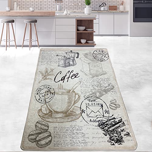 miqna Teppich Moderner Küchenteppich Gel Läufer Küchenläufer Grau Weiß Schwarz mit rutschfestem Bodenmuster mit Schriftzug Coffee Macchiato (Core, 100 x 200 cm) von miqna