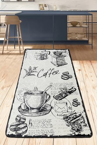 miqna Teppich Moderner Küchenteppich Gel Läufer Küchenläufer Grau Weiß Schwarz mit rutschfestem Bodenmuster mit Schriftzug Coffee Macchiato (Core Black, 100 x 200 cm) von miqna