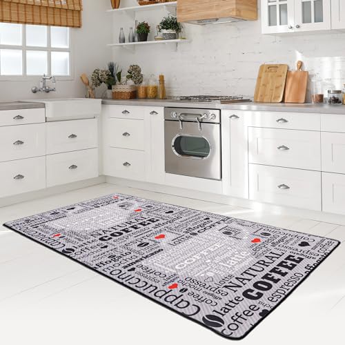 miqna Teppich Moderner Küchenteppich Gel Läufer Küchenläufer Grau Weiß Schwarz mit rutschfestem Bodenmuster mit Schriftzug Coffee Macchiato (Grau, 80 x 150 cm) von miqna