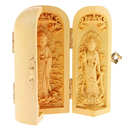 misppro Tibetische Buchsbaum-Schnitzerei Kwan-yin Lotusblume Heiliger 3 Gott Buddha Statue Box von misppro