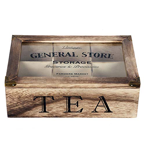 Teebox aus Holz und Glas Vintage, für Teebeutel mit 6 Fächern und Schriftzug, Handmade von mitienda mit Liebe gemacht