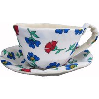 Made-To-Order | 1 - 2 Wochen-stoff Teetasse Untertasse Ornament-Blau Rot Retro Floral Auf Weiß von miwary