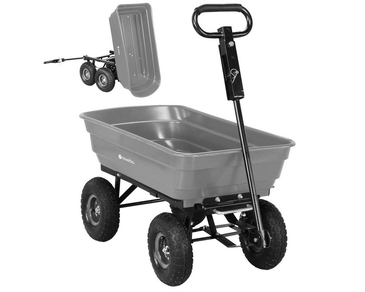 miweba Bollerwagen Gartenwagen Transportkarre Dumper (300 kg Zuladung - Kippverriegelung - 75 L Volumen - Kippfunktion - Doppelachse, 1-tlg., deichselgeführte Lenkachse - Anhängerfunktion - Luftreifen), Transportwagen - Gartenkarre- Gartenwagen - Schubkarre von miweba