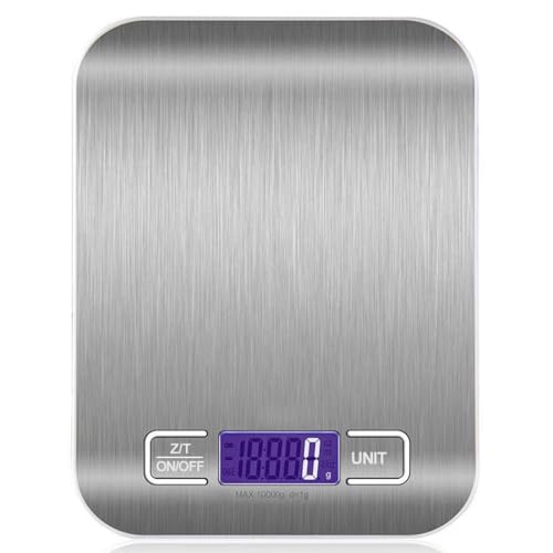 Digitale Küchenwaage 10kg mit großem LCD-Display und großer Edelstahl Wiegefläche hohe Präzision auf bis zu 1g, Tara-Funktion, Automatische Ausschaltfunktion, Silber/Weiß von mixed24