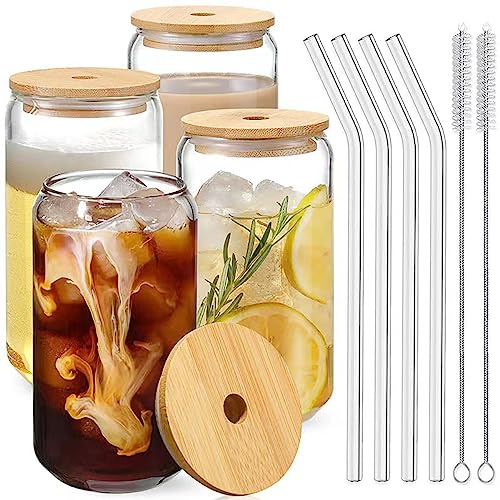 mixed24 4er Set 500ml Trinkgläser mit Bambusdeckel inkl. Glashalme und Reinigungsbürstchen Cocktailgläser Longdrink Eiskaffee Heißgetränke Kaltgetränke Cocktails von mixed24