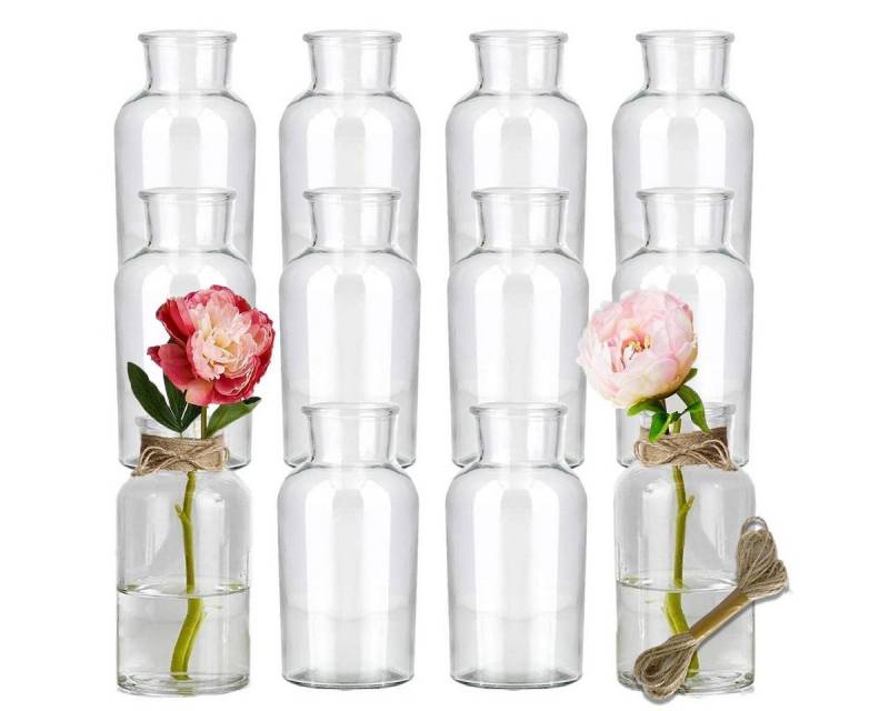 mixed24 Dekovase 12x mini runde Glasvasen Blumenvase Tischdekoration Hochzeitsdeko (12 St), inkl. Juteschnur von mixed24