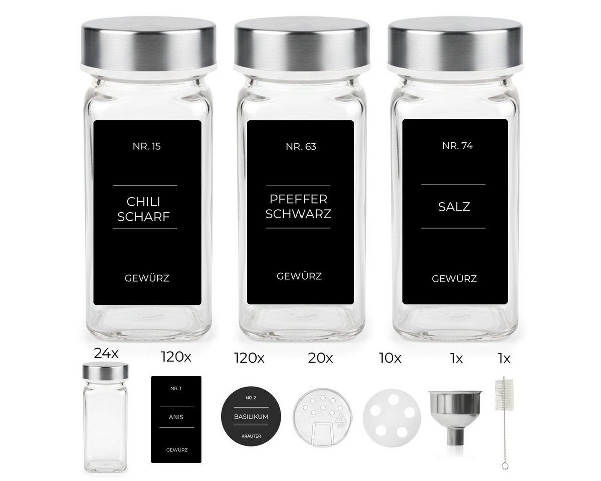 mixed24 Gewürzstreuer 24x Gewürzgläser Edelstahl Deckel 120ml, (inkl. 240 Etiketten, 30x Streueinsätze, 24-tlg), 1x Edelstahl Trichter, 1x Reinigungsbürstchen von mixed24