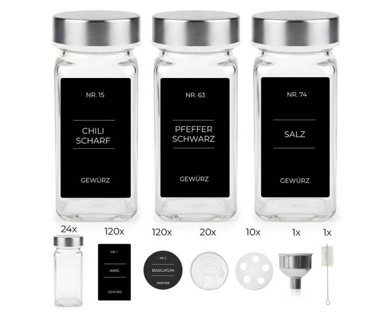 mixed24 Gewürzstreuer 24x Gewürzgläser Edelstahl Deckel 120ml, (inkl. 240 Etiketten, 30x Streueinsätze, 24-tlg), 1x Edelstahl Trichter, 1x Reinigungsbürstchen von mixed24