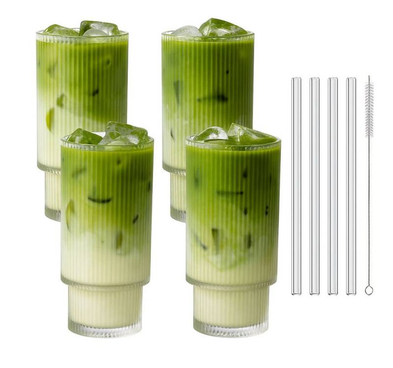 mixed24 Gläser-Set 4er Set Geriffelte Gläser 320ml inkl. Glashalm, ideal für Iced Matcha Latte, Latte Macchiato, Cocktails, Smoothies von mixed24